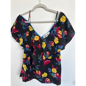 DIANE VON FURSTENBERG 100% Silk Floral Ruffle Front Top in Silese Black, Size S